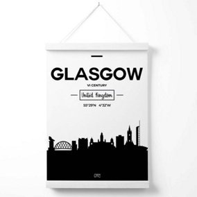 Glasgow Black and White City Skyline Poster with Hanger / 33cm / White