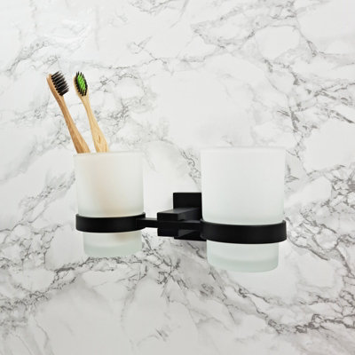Glass Cup Accessory Black Finish Toothbrush Holder Double