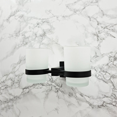 Glass Cup Accessory Black Finish Toothbrush Holder Double