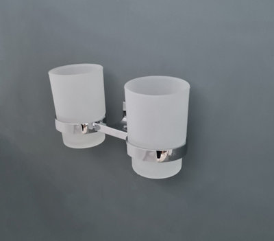 Glass Cup Accessory Chrome Finish Toothbrush Holder Double