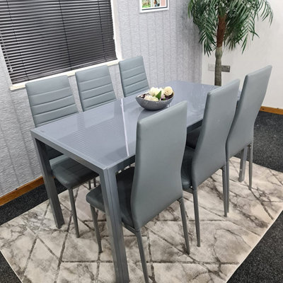 Glass Dining Table and 6 Chairs Dining Table and Chairs set 6 Grey Table with 6 Grey Leather ...