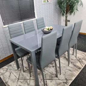 Glass Dining Table and 6 Chairs Dining Table and Chairs set 6 Grey Table with 6 Grey Leather Chairs Furniture Kosy Koala