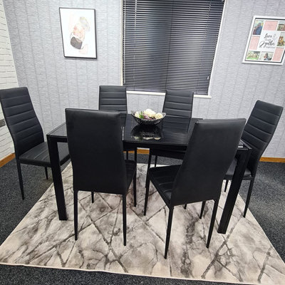 Glass Dining Table  Set 6,  Kitchen Dining set for 6 Black Table with 6 Leather Chairs Furniture Kosy Koala