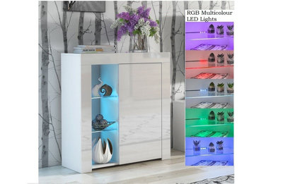 Glass Display Cabinet Compact Bookcase Shelf Unit RGB LEDs WHITE High ...