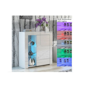Glass Display Cabinet Compact Bookcase Shelf Unit RGB LEDs WHITE High Gloss Lily