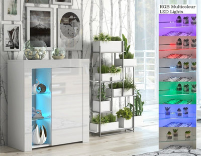 Glass Display Cabinet Compact Bookcase Shelf Unit RGB LEDs WHITE High ...