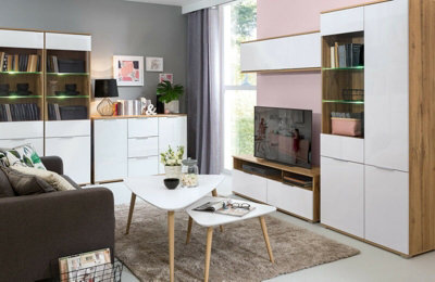 Glass Display Cabinet LEDs Tall Slim Shelving Unit White Gloss Oak Effect Zele