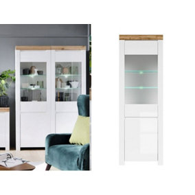 Glass Display Cabinet Tall Slim Unit Soft Close LED Light White Gloss Oak Holten
