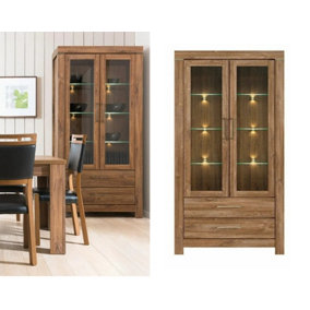 Glass Door Display Cabinet Tall Wide 98cm Soft Close LEDs Medium Oak Effect Gent