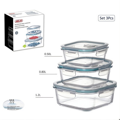 Glass Food Storage Container Set of 3 with Airtight Snap Lid Microwave Safe