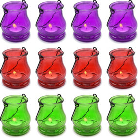 Glass Hanging Candle Holder, Garden Tealight Glass Hanging Lantern (Coloured 12 Pack)