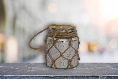 Glass Jar Lantern with Rope - Vintage Glass - L14 x W14 x H17 cm - Mercury