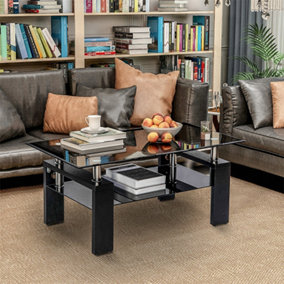 Glass living Room Coffee Table Black Modern Rectangle With Lower Shelf (Black-100CM)