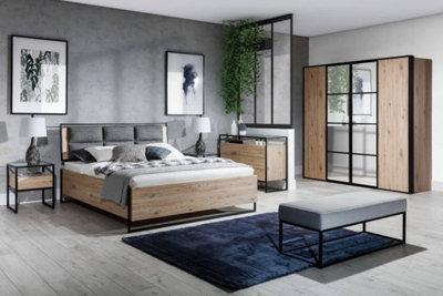 Glass Loft Ottoman Bed in Bordeaux Oak & Black - W150cm x D216cm x H100cm, Modern and Functional