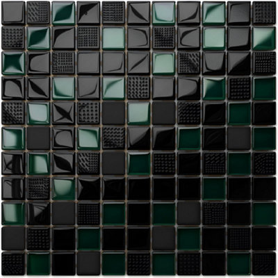 Glass mosaic on mesh for bathroom or kitchen 300mm x 300mm - Black Lantern