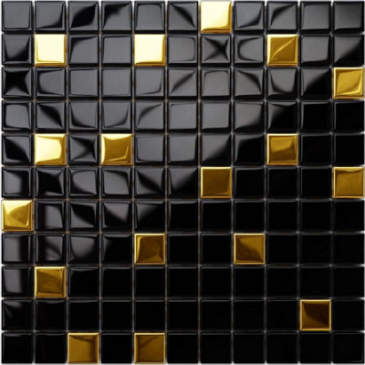 Glass mosaic on mesh for bathroom or kitchen 300mm x 300mm - Nero Gold