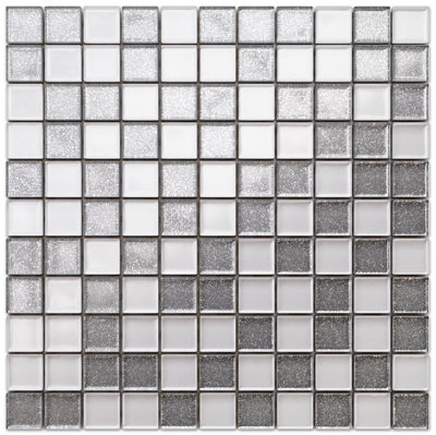 Glass mosaic on mesh for bathroom or kitchen 300mm x 300mm - Silver White
