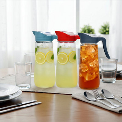 GLASS PITCHER W/ ASSORTED COLOUR PLASTIC HANDLE LID 1.6L JUICE WATER ...