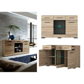 Glass Sideboard Cabinet with Drawers Display Unit LED Light 150cm Sonoma Oak Storage Fever