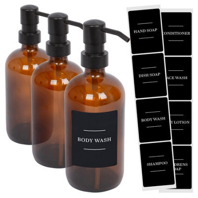 Glass Soap Dispensers with Labels - 500ml - Amber/Black - Pack of 3
