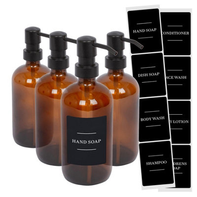 Glass Soap Dispensers with Labels - 500ml - Amber/Black - Pack of 4