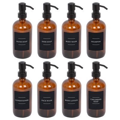 Glass Soap Dispensers with Labels - 500ml - Amber/Black - Pack of 8