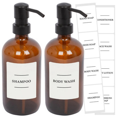 Glass Soap Dispensers with Labels - 500ml - Amber/White - Pack of 2