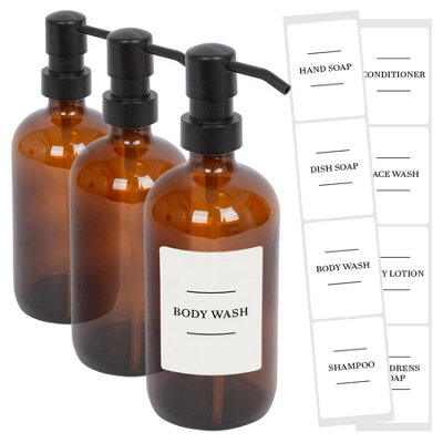 Glass Soap Dispensers with Labels - 500ml - Amber/White - Pack of 3
