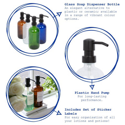 Glass Soap Dispensers with Labels - 500ml - Amber/White - Pack of 3