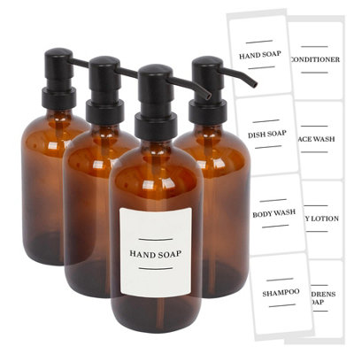 Glass Soap Dispensers with Labels - 500ml - Amber/White - Pack of 4