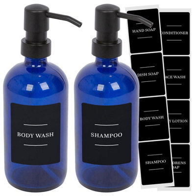 Glass Soap Dispensers with Labels - 500ml - Blue/Black - Pack of 2