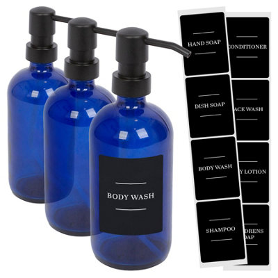 Glass Soap Dispensers with Labels - 500ml - Blue/Black - Pack of 3