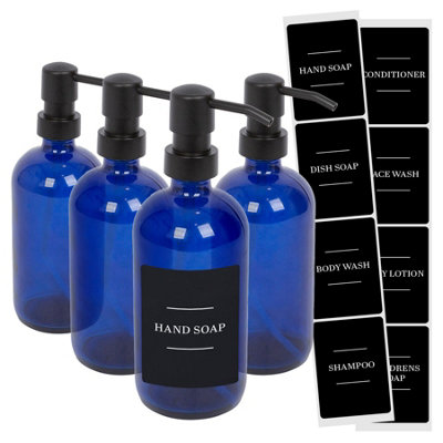 Glass Soap Dispensers with Labels - 500ml - Blue/Black - Pack of 4