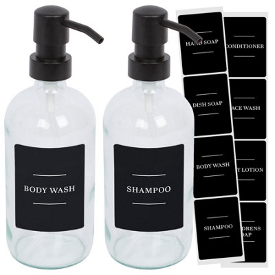 Glass Soap Dispensers with Labels - 500ml - Clear/Black - Pack of 2