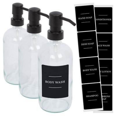 Glass Soap Dispensers with Labels - 500ml - Clear/Black - Pack of 3