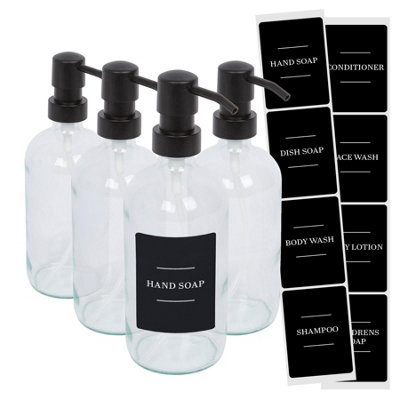 Glass Soap Dispensers with Labels - 500ml - Clear/Black - Pack of 4