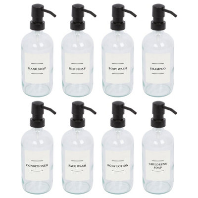 Glass Soap Dispensers with Labels - 500ml - Clear/White - Pack of 8