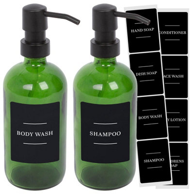 Glass Soap Dispensers with Labels - 500ml - Green/Black - Pack of 2