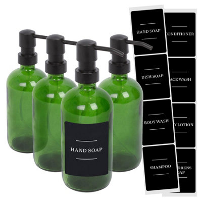 Glass Soap Dispensers with Labels - 500ml - Green/Black - Pack of 4