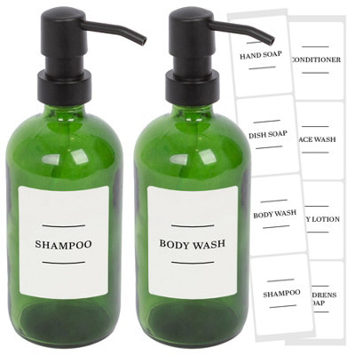 Glass Soap Dispensers with Labels - 500ml - Green/White - Pack of 2