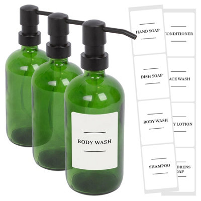 Glass Soap Dispensers with Labels - 500ml - Green/White - Pack of 3