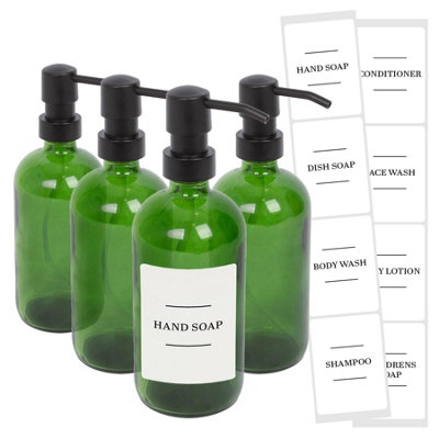 Glass Soap Dispensers with Labels - 500ml - Green/White - Pack of 4