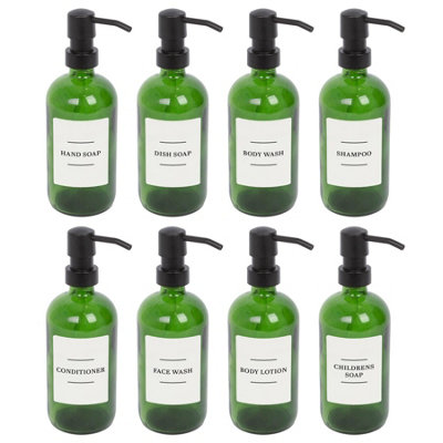 Glass Soap Dispensers with Labels - 500ml - Green/White - Pack of 8