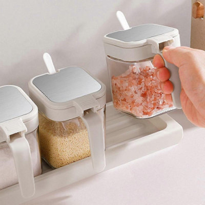Glass Spice Jar Set of 3 with Flip Lids and Spoons Heat Resistant ...