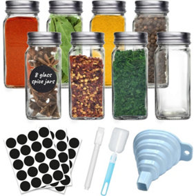 Glass Spice Jars for Herbs and Spices (8 Pack) in Square Jars 120ml with Stickers, Pen and Funnel (4oz)