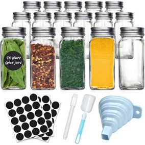 Glass Spice Jars for Herbs, Spices (16 Pack) Spice Rack Organisation with Silver Screw Lids and Shakers 120ml (4oz)