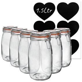 Glass Storage Jars with Labels - 1.5 Litre - Orange Seal - 6pc