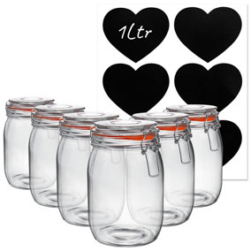Glass Storage Jars with Labels - 1 Litre - Orange Seal - 6pc