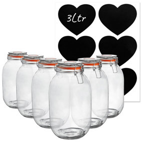 Glass Storage Jars with Labels - 3 Litre - Orange Seal - 6pc