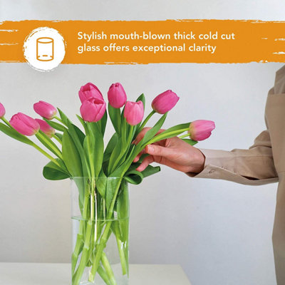 Glass Vase Cylinder Transparent 20cm Clear Tall Flower Vase Home Indoor - 3